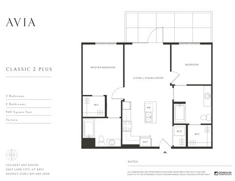 Floor plan for 2 beds, 2 baths, 940 sqft